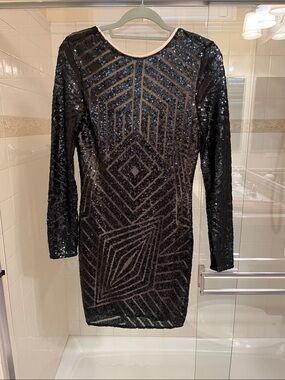 Black Sequin Long-Sleeve Geometric Bodycon Dress